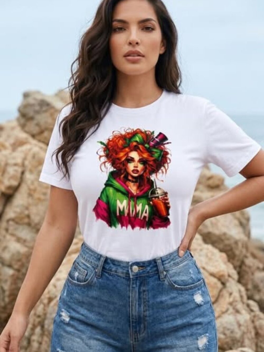 Red Mama Graphic T-Shirt Colorful Red Hair Drink Handmade White Size L